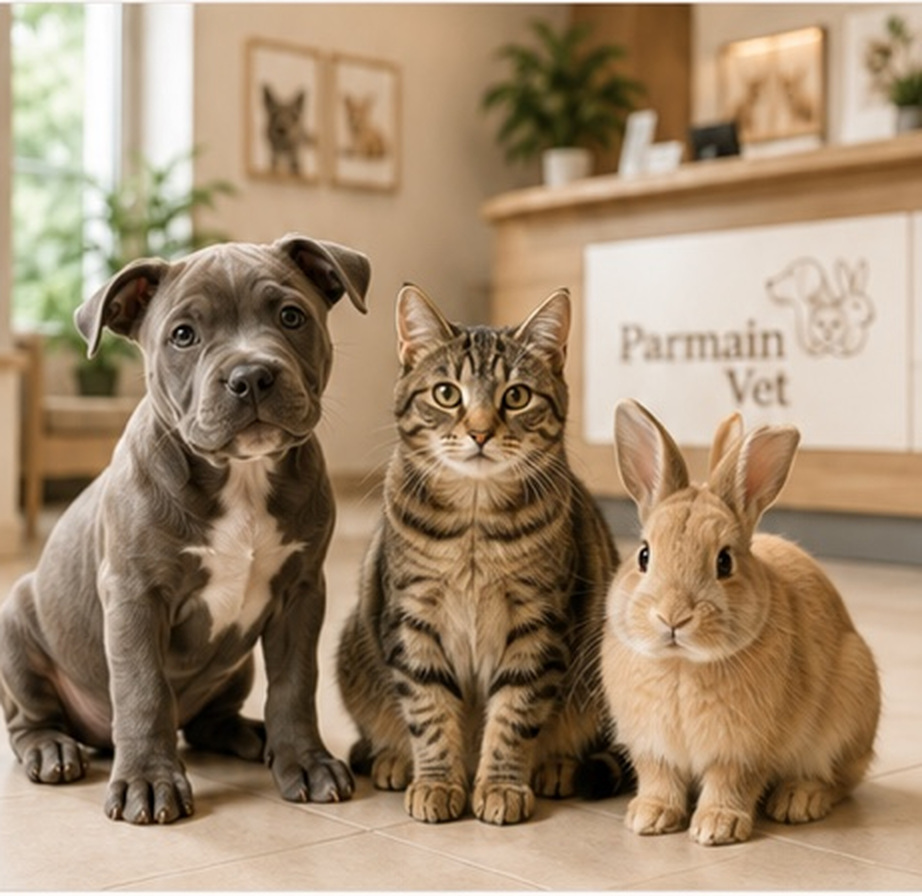 Chiot staff, chat et lapin au cabinet Parmain Vet
