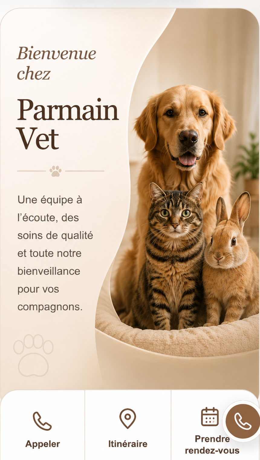 Bienvenue chez Parmain Vet avec chien, chat et lapin